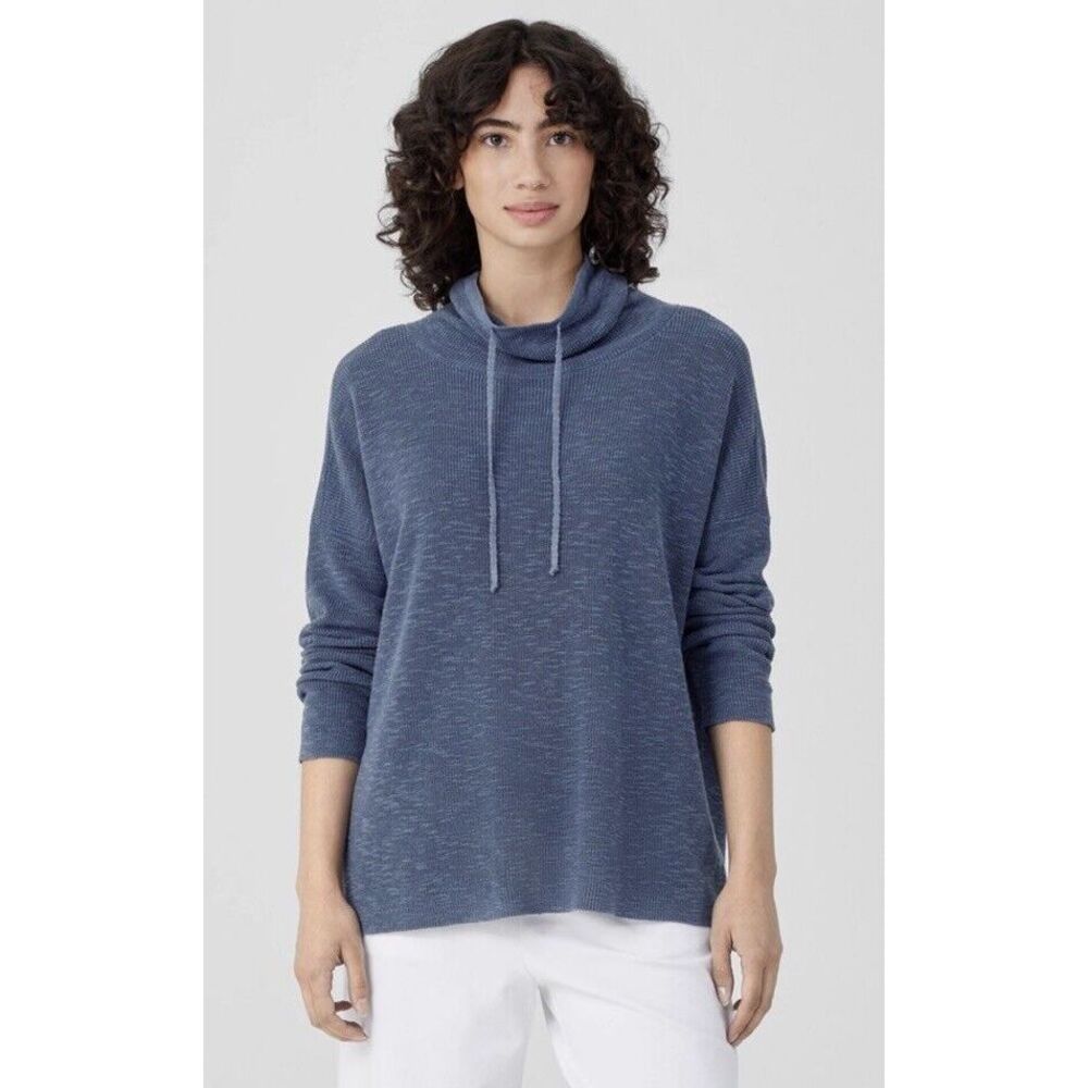 NWT Eileen Fisher Organic Linen Cotton Slub Funnel Neck Top Sz S Dusk‎ Blue $198